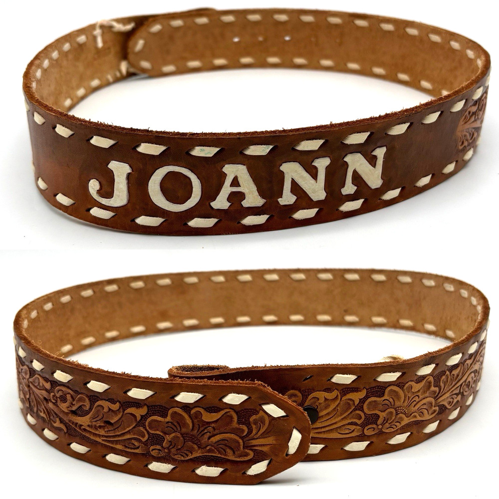 Vintage 80s Hand-tooled Leather JOANN Floral Scrollwork Whipstitch Belt 27-30"